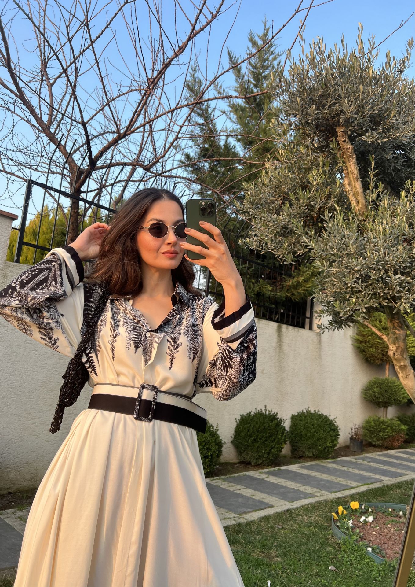 Black Leaves Shirt Dress With Belt