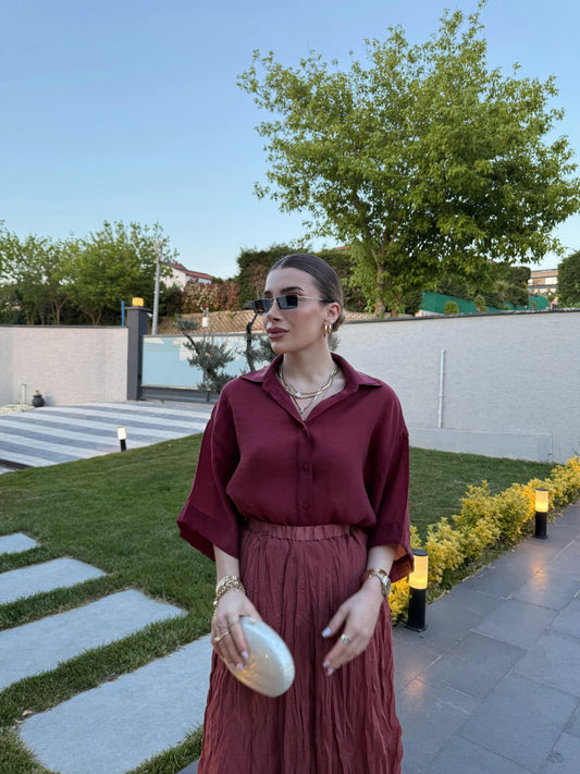 Burgundy Oversized 3/4 Sleeve Shirt