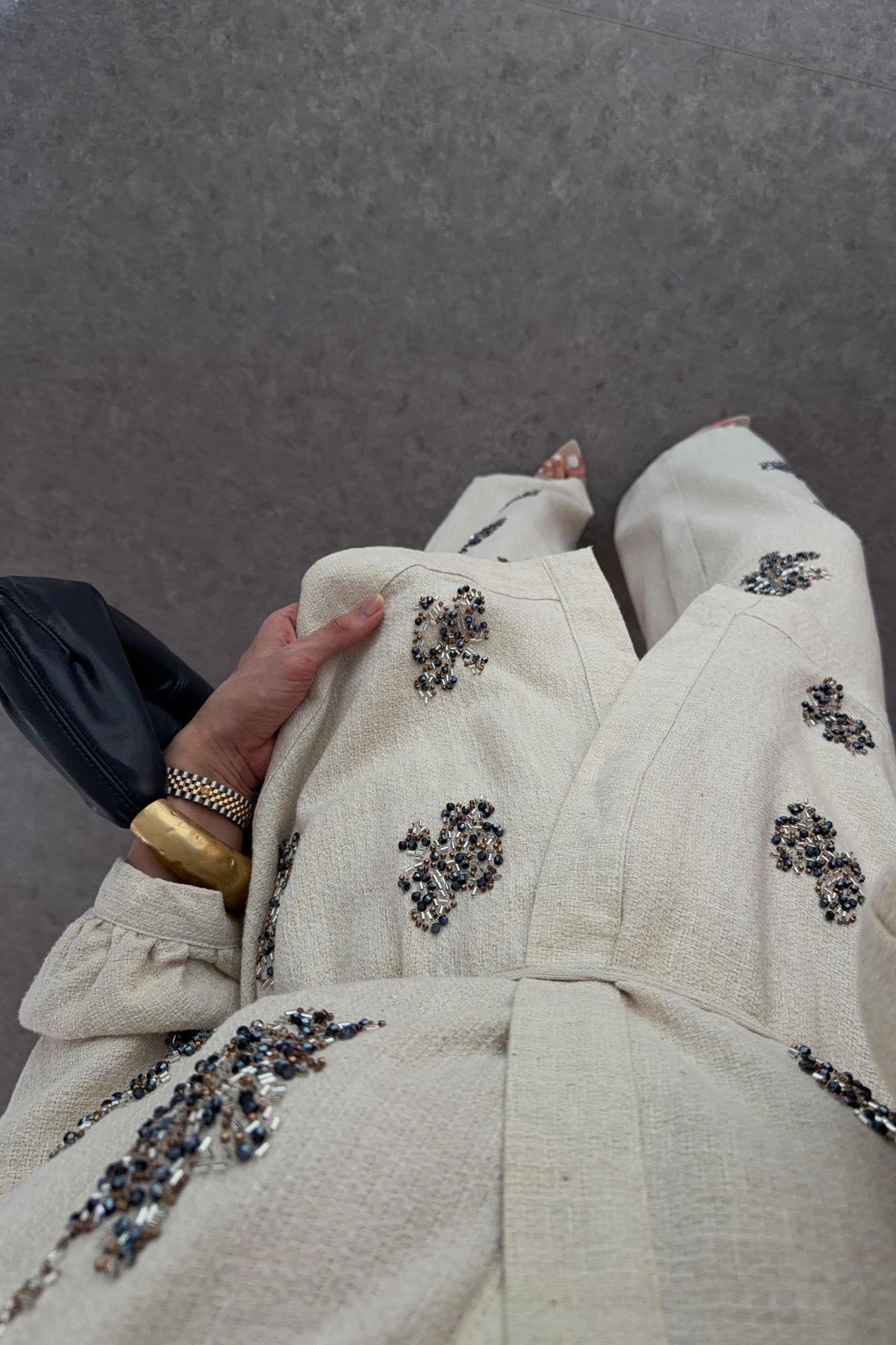 Embroidered Beaded Linen Kimono Set