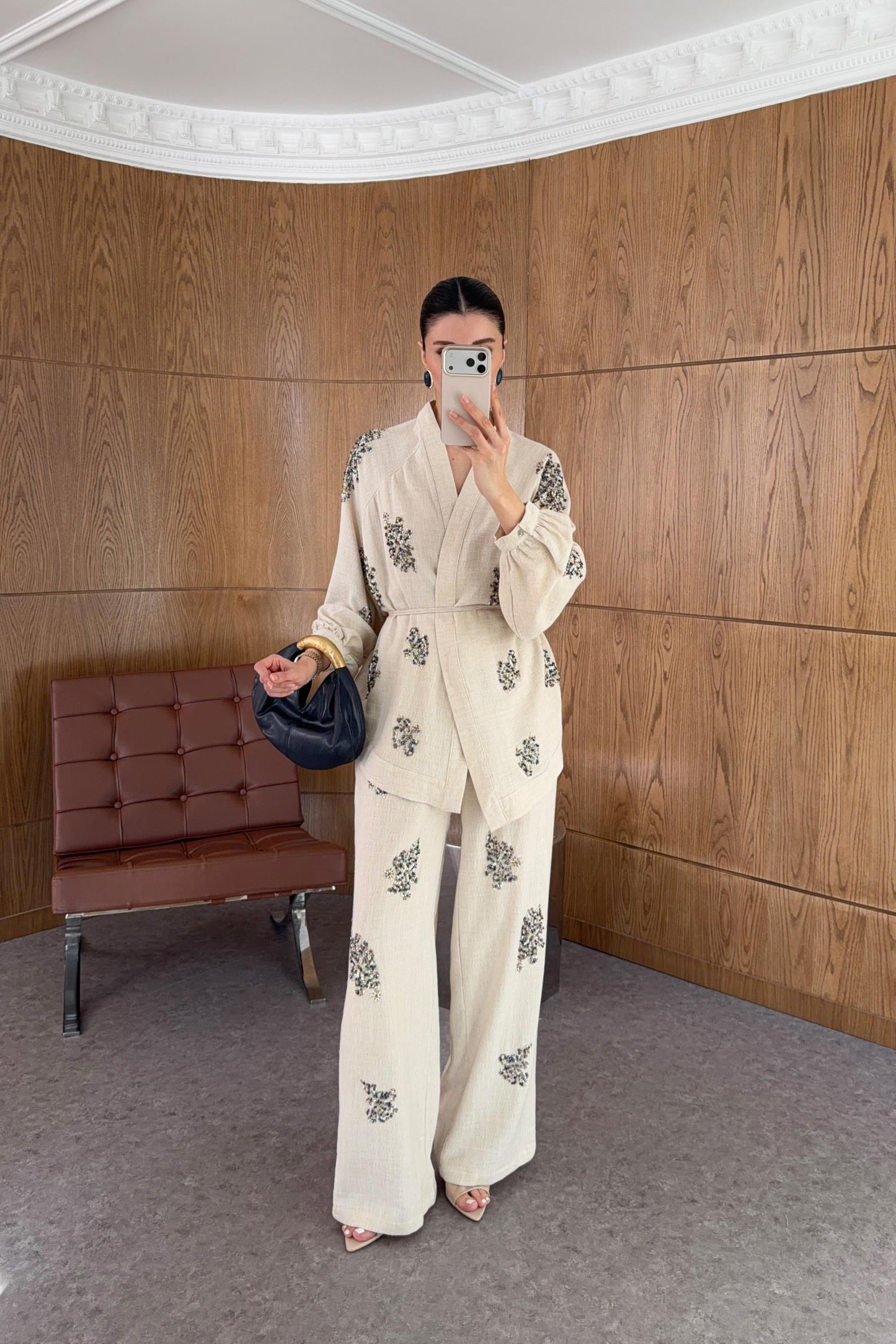Embroidered Beaded Linen Kimono Set