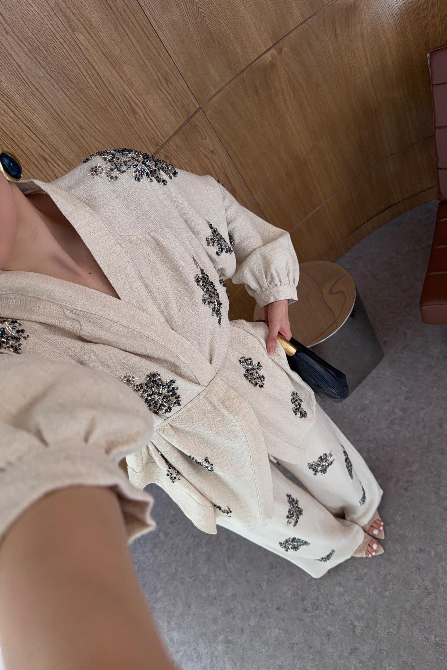 Embroidered Beaded Linen Kimono Set