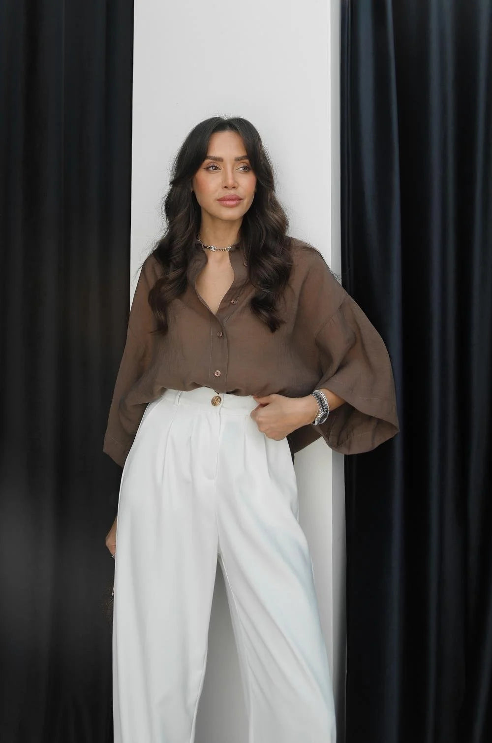 Brown Oversized 3/4 Sleeve Shirt