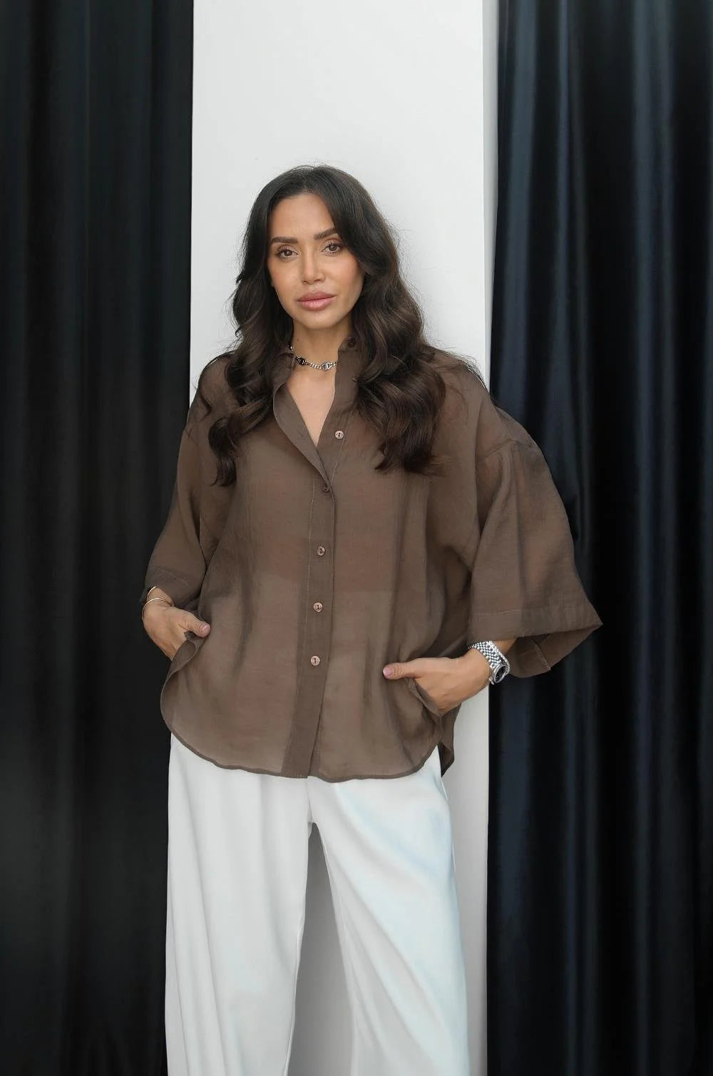 Brown Oversized 3/4 Sleeve Shirt
