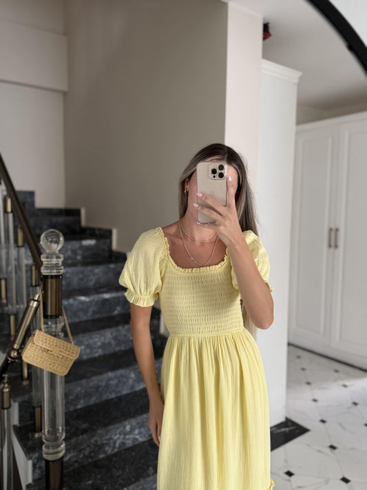 Yellow Puff Off-Shoulder Sleeves Dress