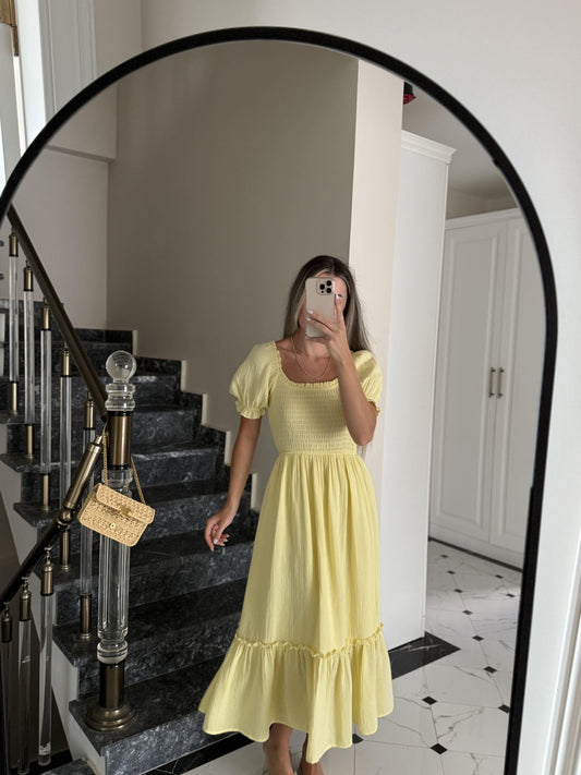 Yellow Puff Off-Shoulder Sleeves Dress