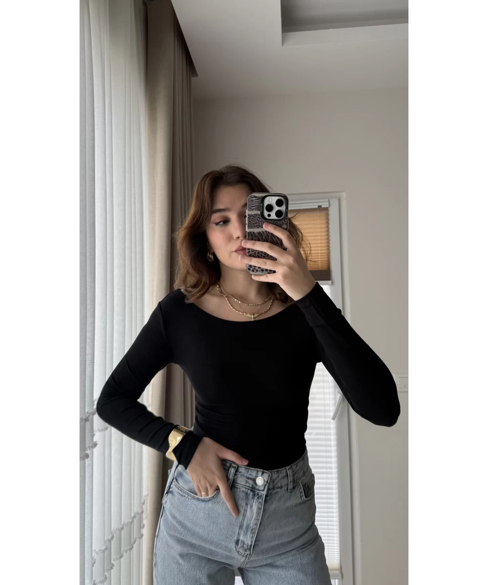 Black Basic Cotton Boat Neck Top