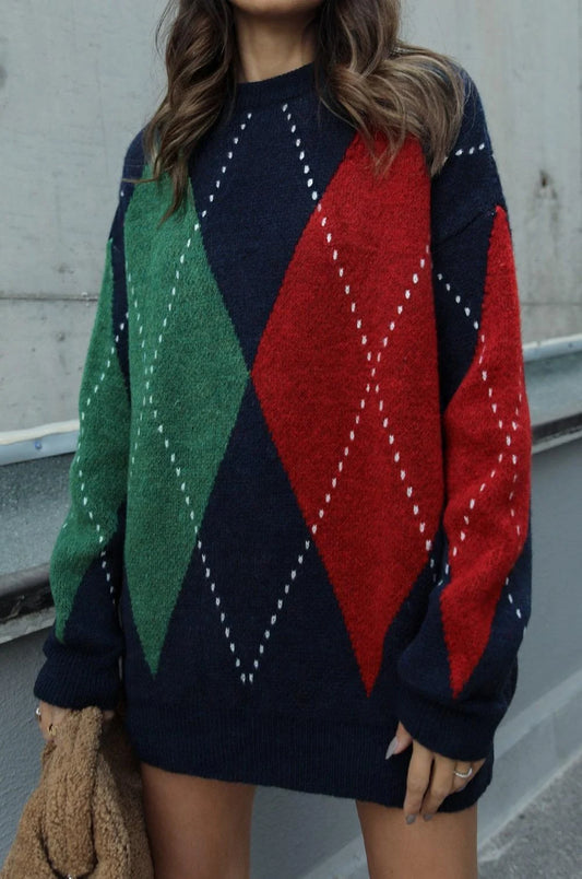 Red X Green Rhombus Navy Pullover