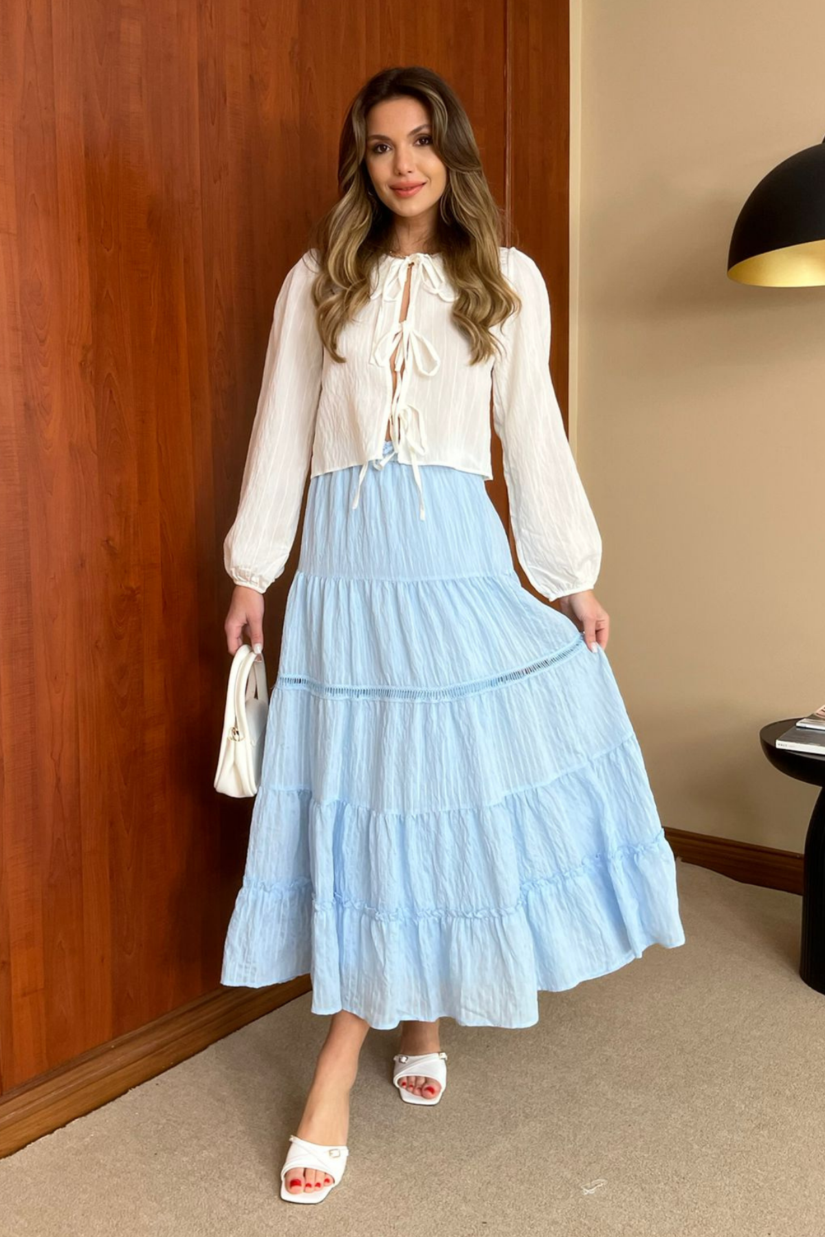 Baby Blue Stripy Flowy Skirt