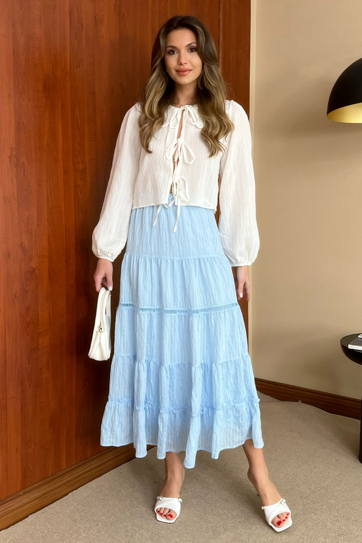 Baby Blue Stripy Flowy Skirt