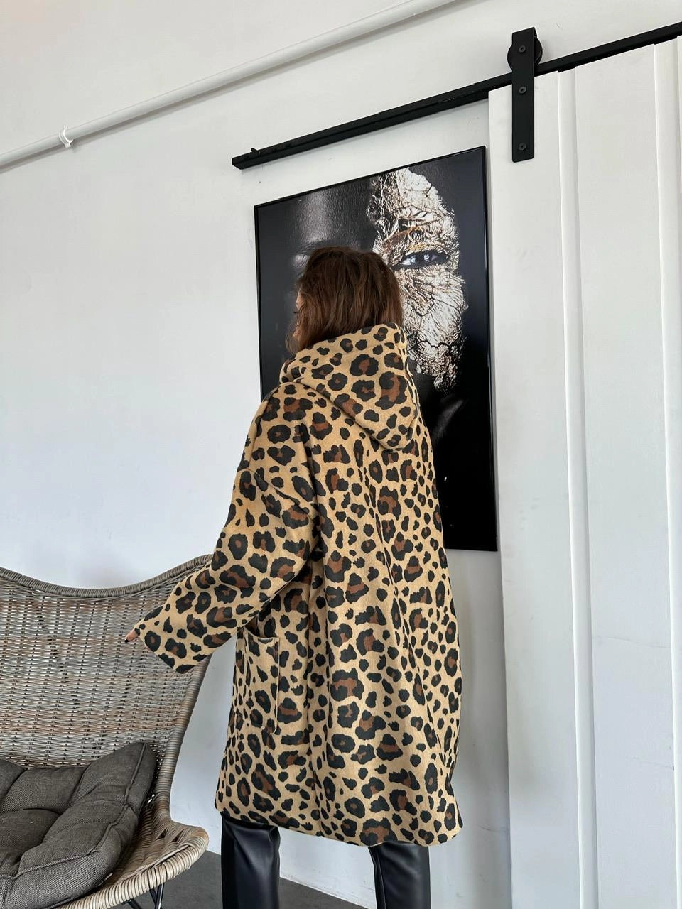Leopard Zipper Hooded longline Jacket