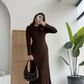 Brown Triko Ribbed Dress With Waist Tie
