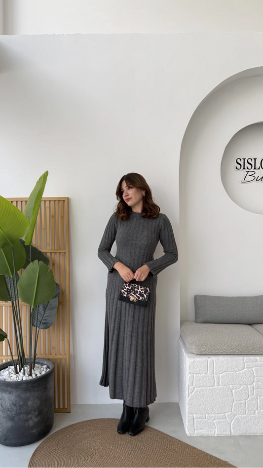Grey Triko Ribbed Dress With Waist Tie