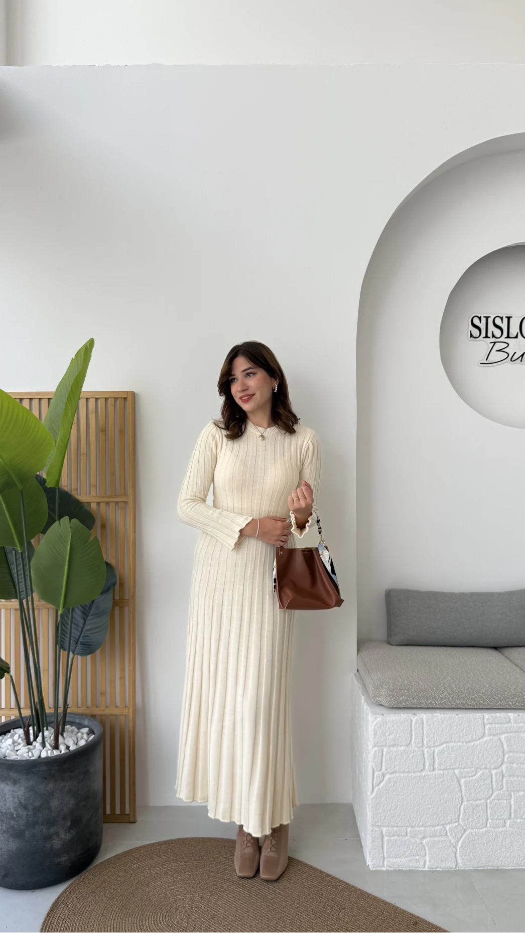 Cream Triko Ribbed Dress With Waist Tie