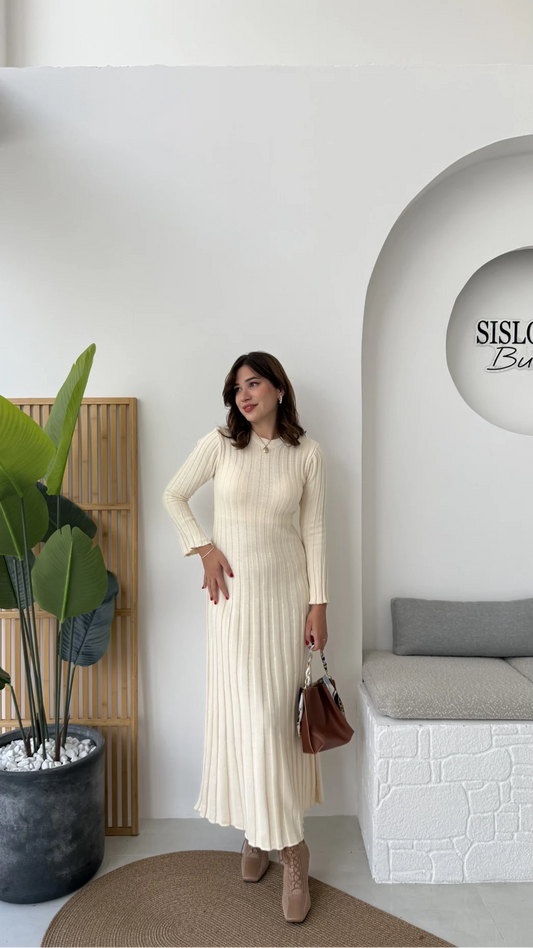 Cream Triko Ribbed Dress With Waist Tie