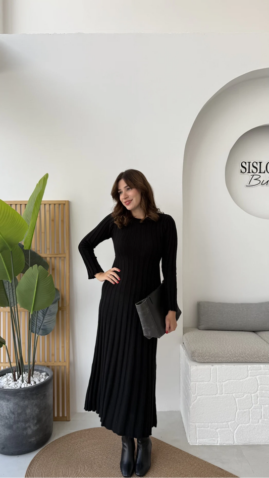 Black Triko Ribbed Dress With Waist Tie