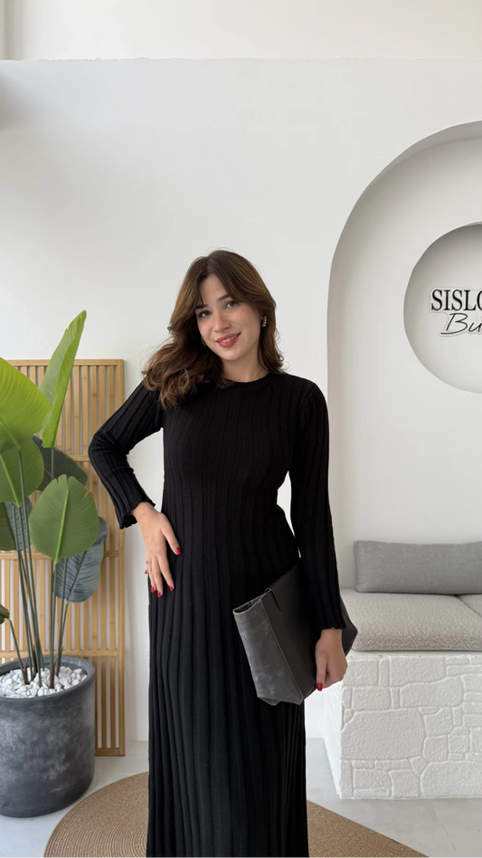 Black Triko Ribbed Dress With Waist Tie