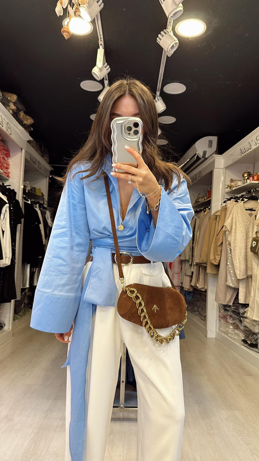 Blue Wrap Tie Shirt