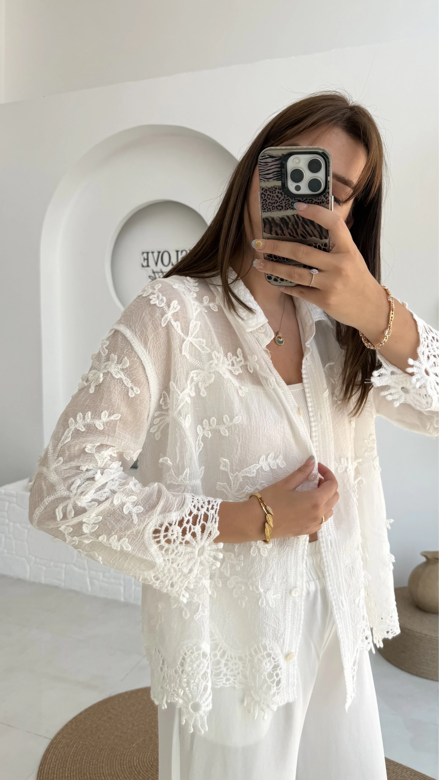 Cotton White Embroidered Floral Shirt With Dantel