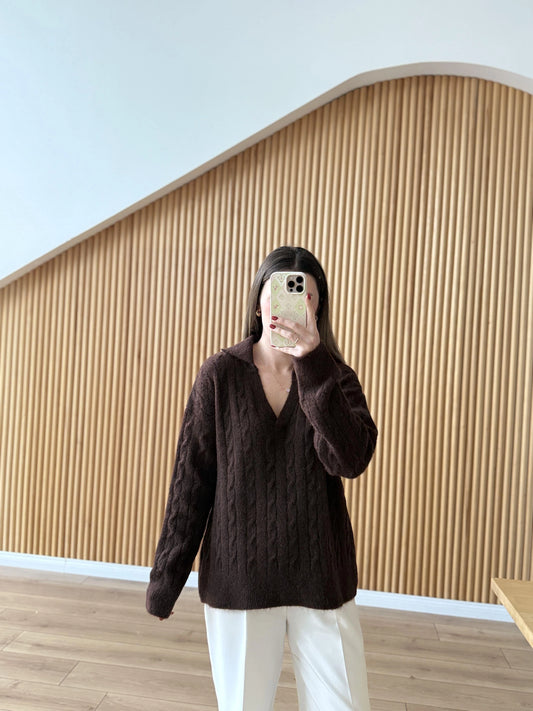 Brown Braided Pullover With Polo Collar