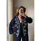 Navy Embroidered Cardigan With Bell Sleeves