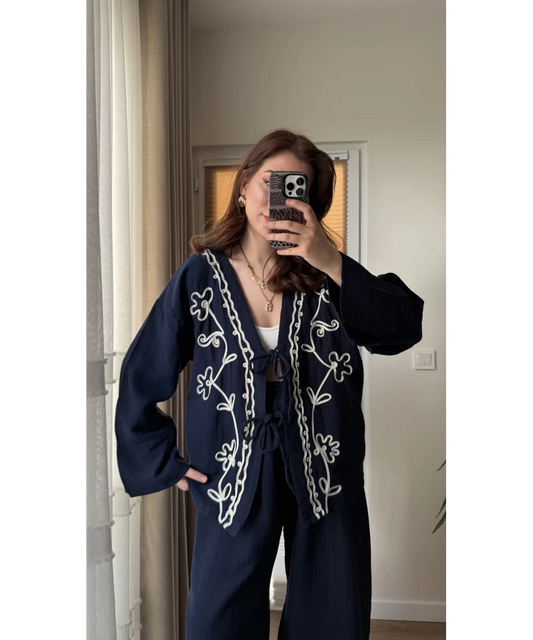 Navy Embroidered Cardigan With Bell Sleeves