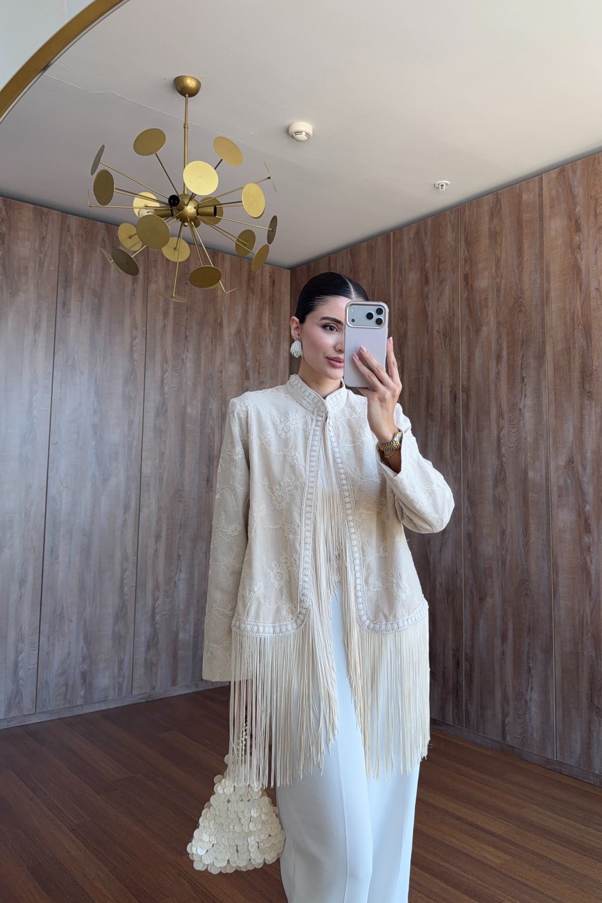 Beige Fringes Embroidered Jacket