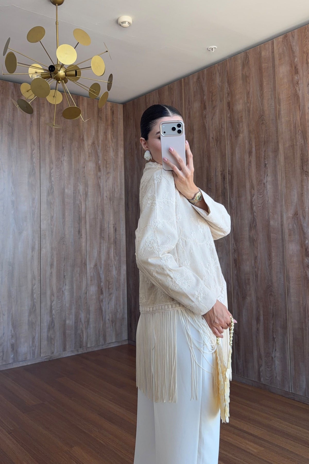 Beige Fringes Embroidered Jacket