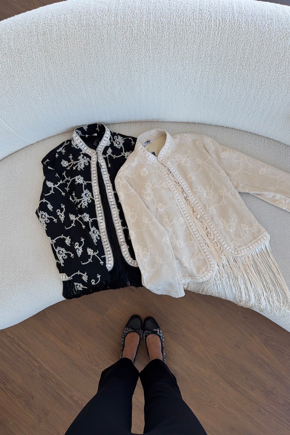 Beige Fringes Embroidered Jacket