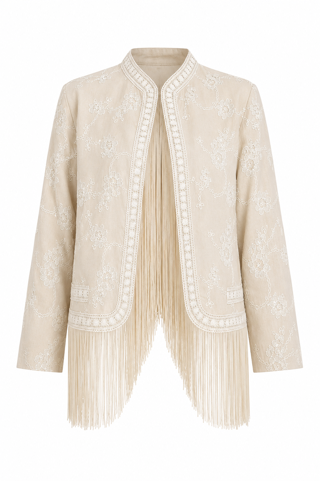 Beige Fringes Embroidered Jacket