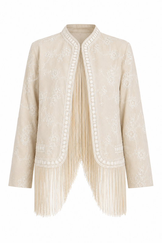 Beige Fringes Embroidered Jacket