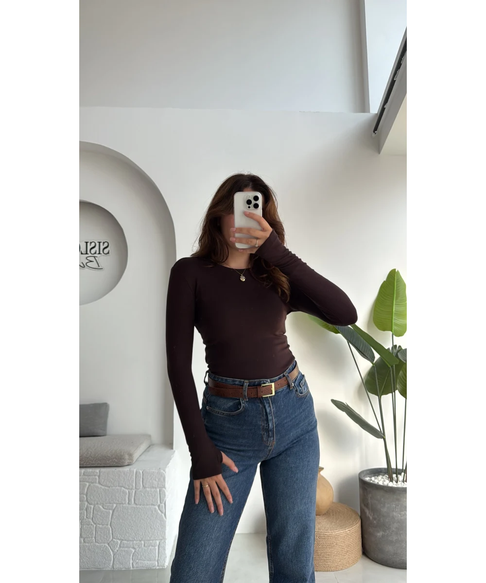 Brown Basic Cotton Thumb Hole Top