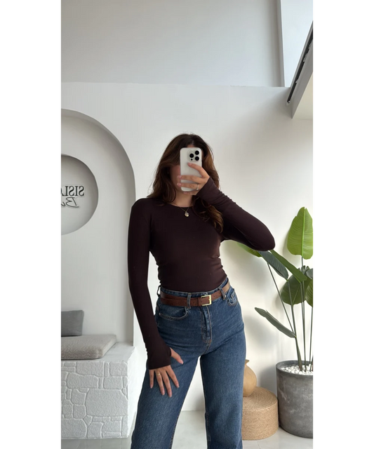 Brown Basic Cotton Thumb Hole Top