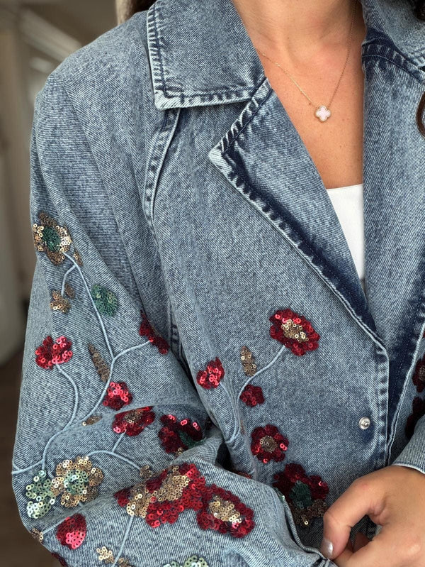 Embellished Floral Sequined Denim Bomber Jacket