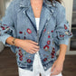Embellished Floral Sequined Denim Bomber Jacket