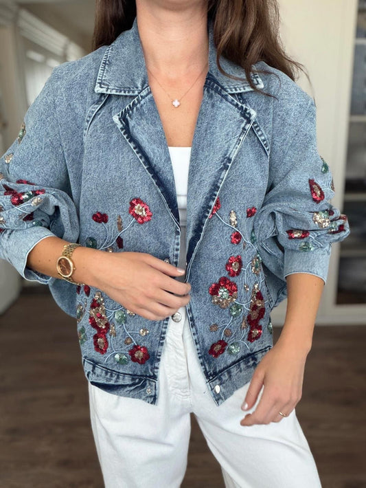 Embellished Floral Sequined Denim Bomber Jacket