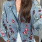 Embellished Floral Sequined Denim Bomber Jacket