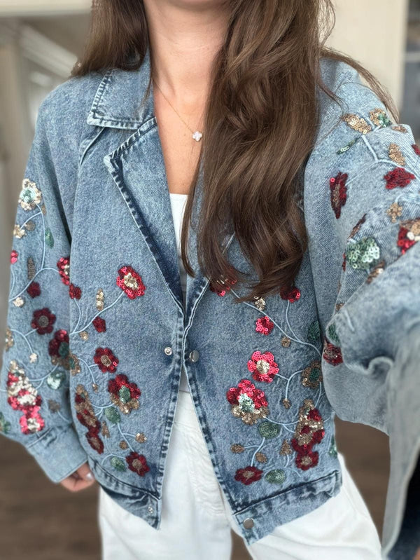 Embellished Floral Sequined Denim Bomber Jacket