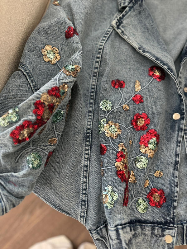 Embellished Floral Sequined Denim Bomber Jacket