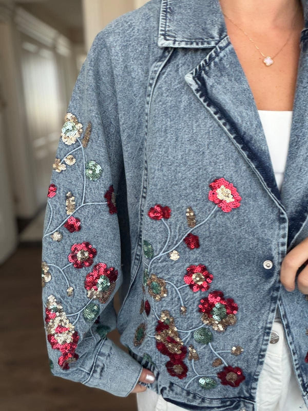 Embellished Floral Sequined Denim Bomber Jacket