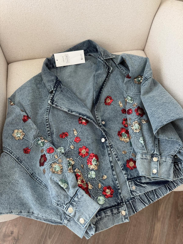 Embellished Floral Sequined Denim Bomber Jacket