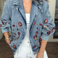 Embellished Floral Sequined Denim Bomber Jacket