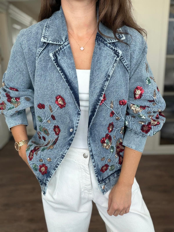 Embellished Floral Sequined Denim Bomber Jacket