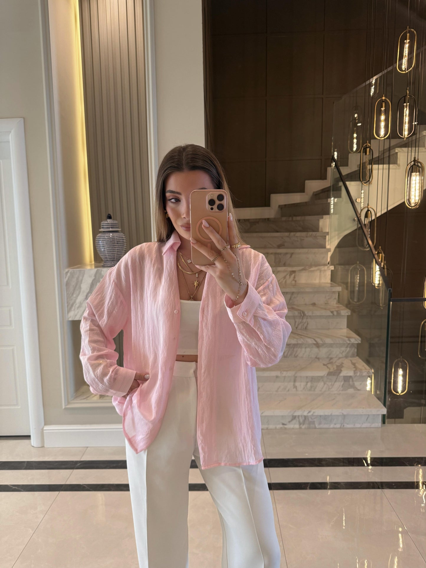 Pink Striped Linen V Neck Shirt
