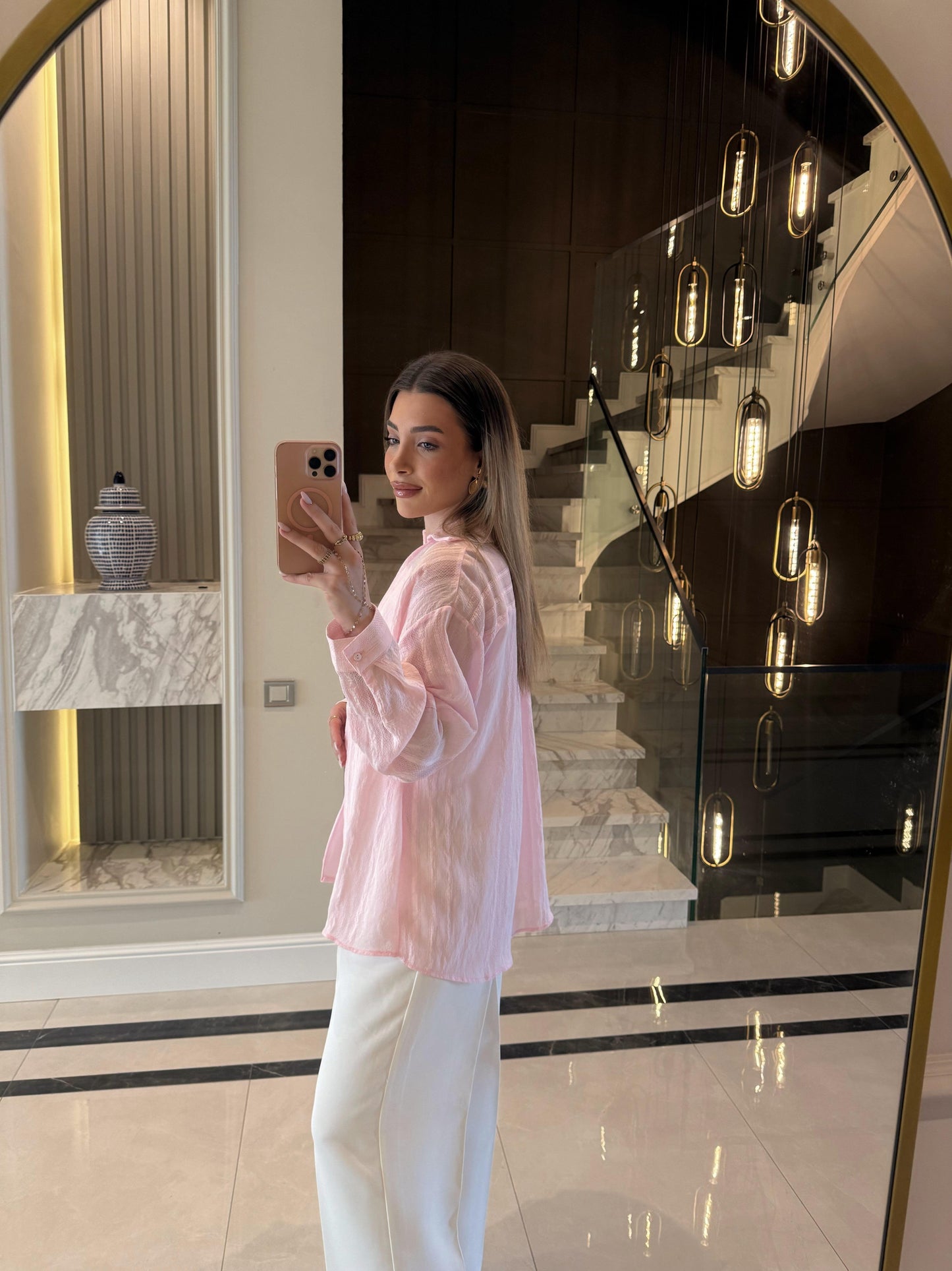 Pink Striped Linen V Neck Shirt