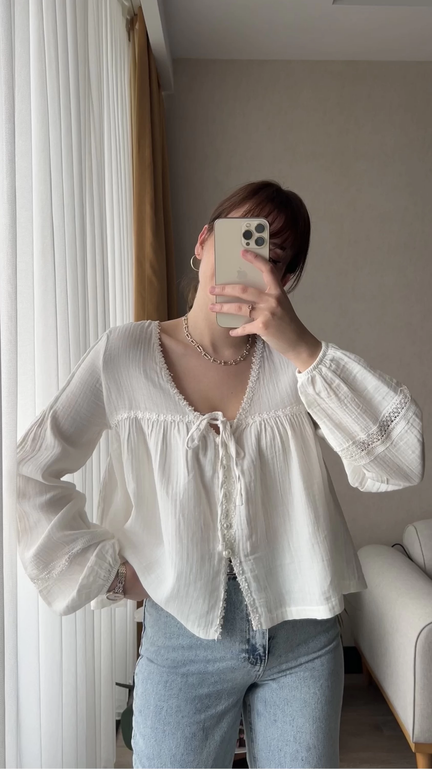 White Cotton Blouse With Dentil Details