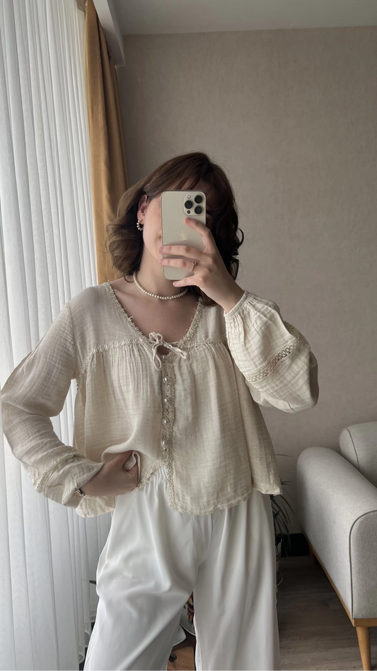 Beige Cotton Blouse With Dantel Details