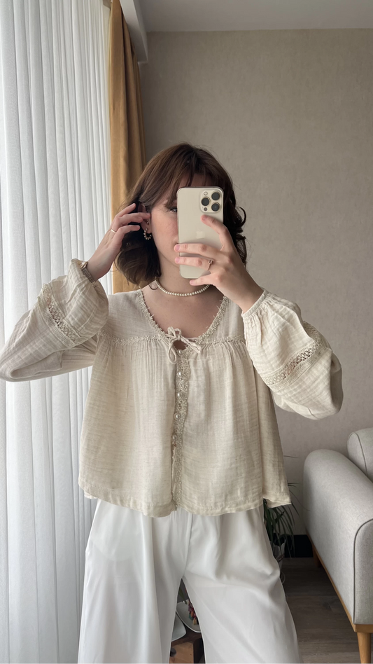 Beige Cotton Blouse With Dantel Details