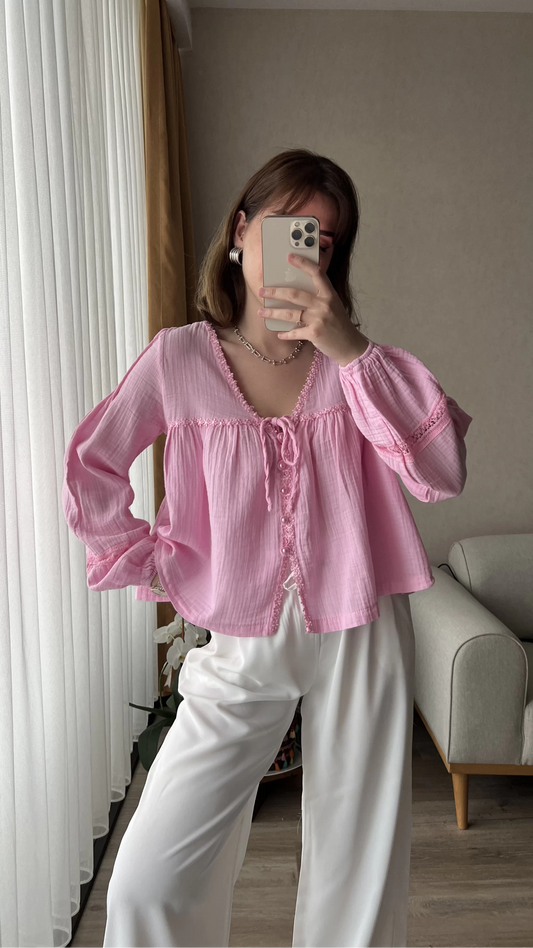 Pink Cotton Blouse With Dantel Details