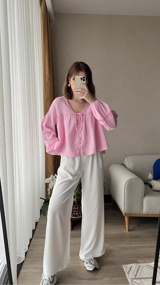 Pink Cotton Blouse With Dantel Details