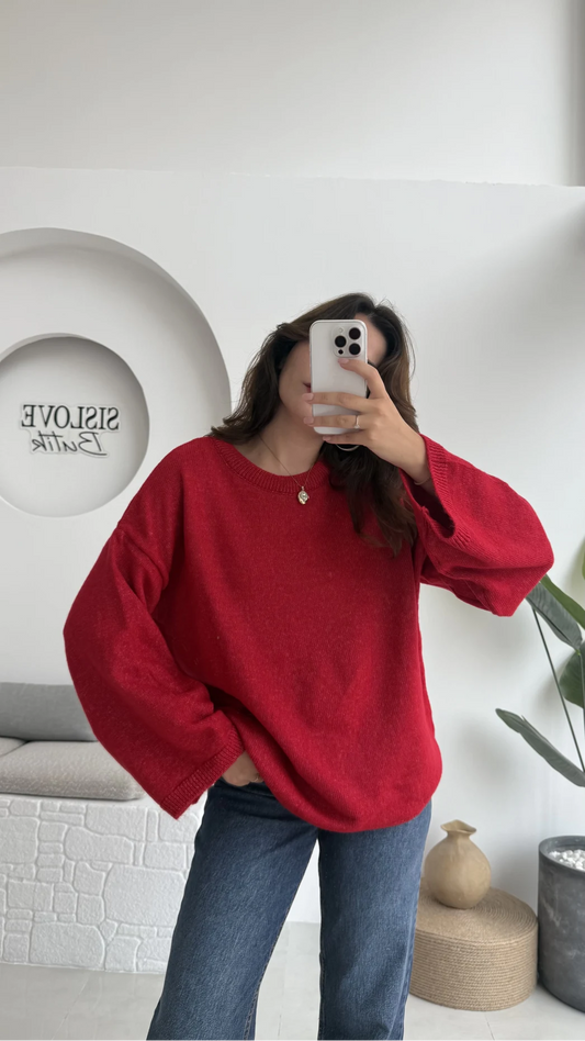 Red Round Neck Pullover With Bell Sleeves